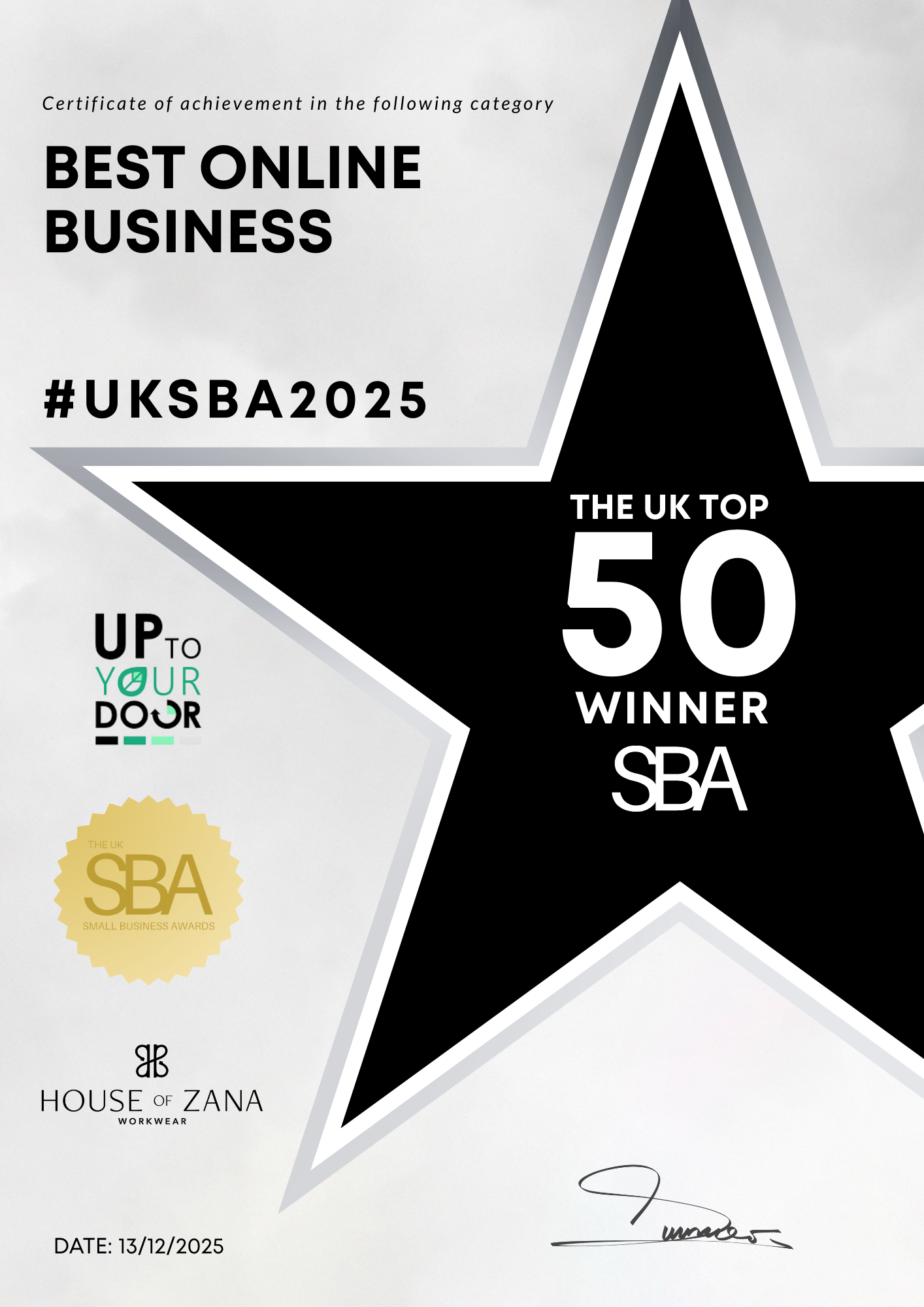 UK Small Business Awards certificate: UK Top 50 Winner - Best Online Business 2025