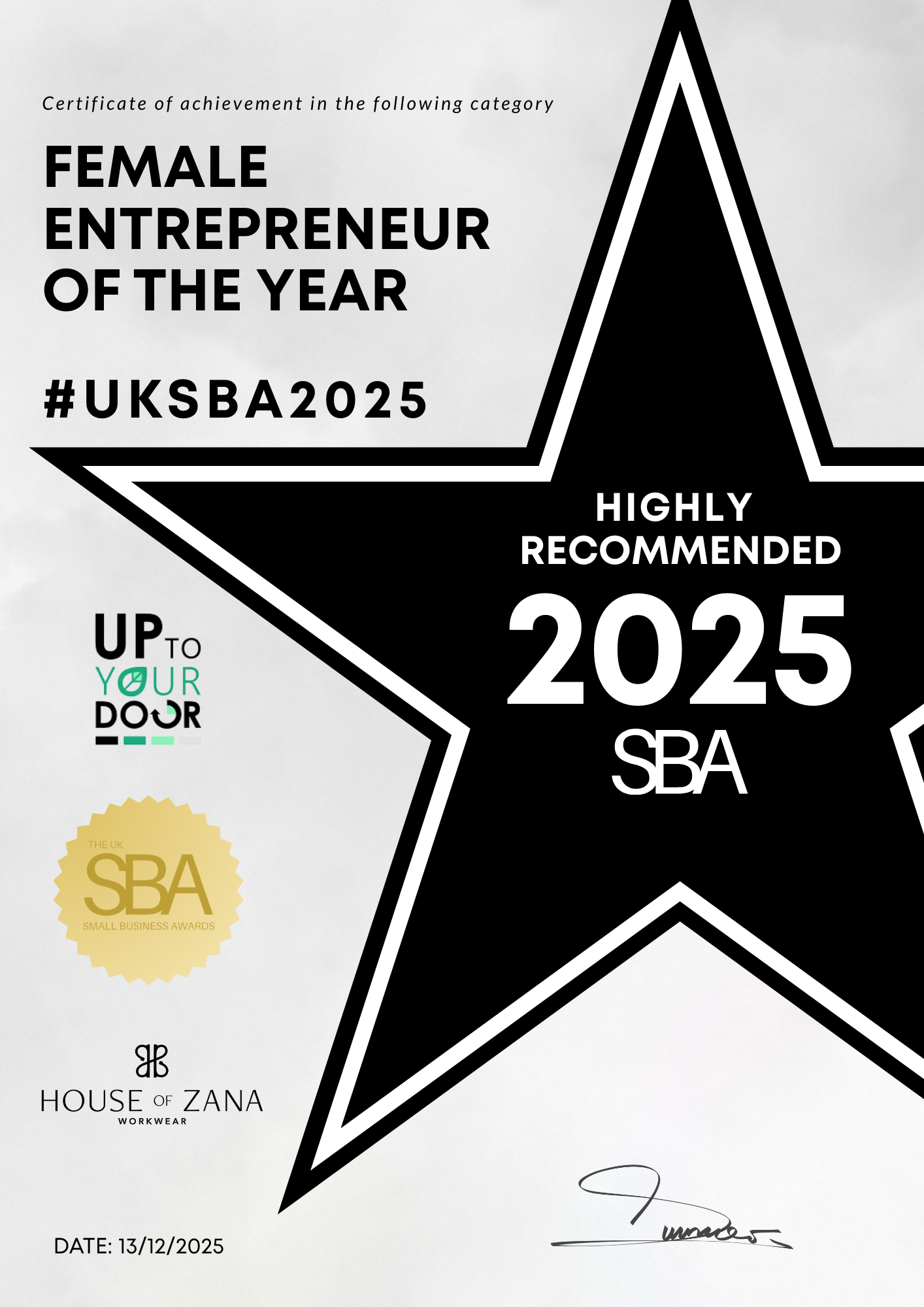 UK Small Business Awards certificate: Highly Recommended - Female Entrepreneur of the Year 2025