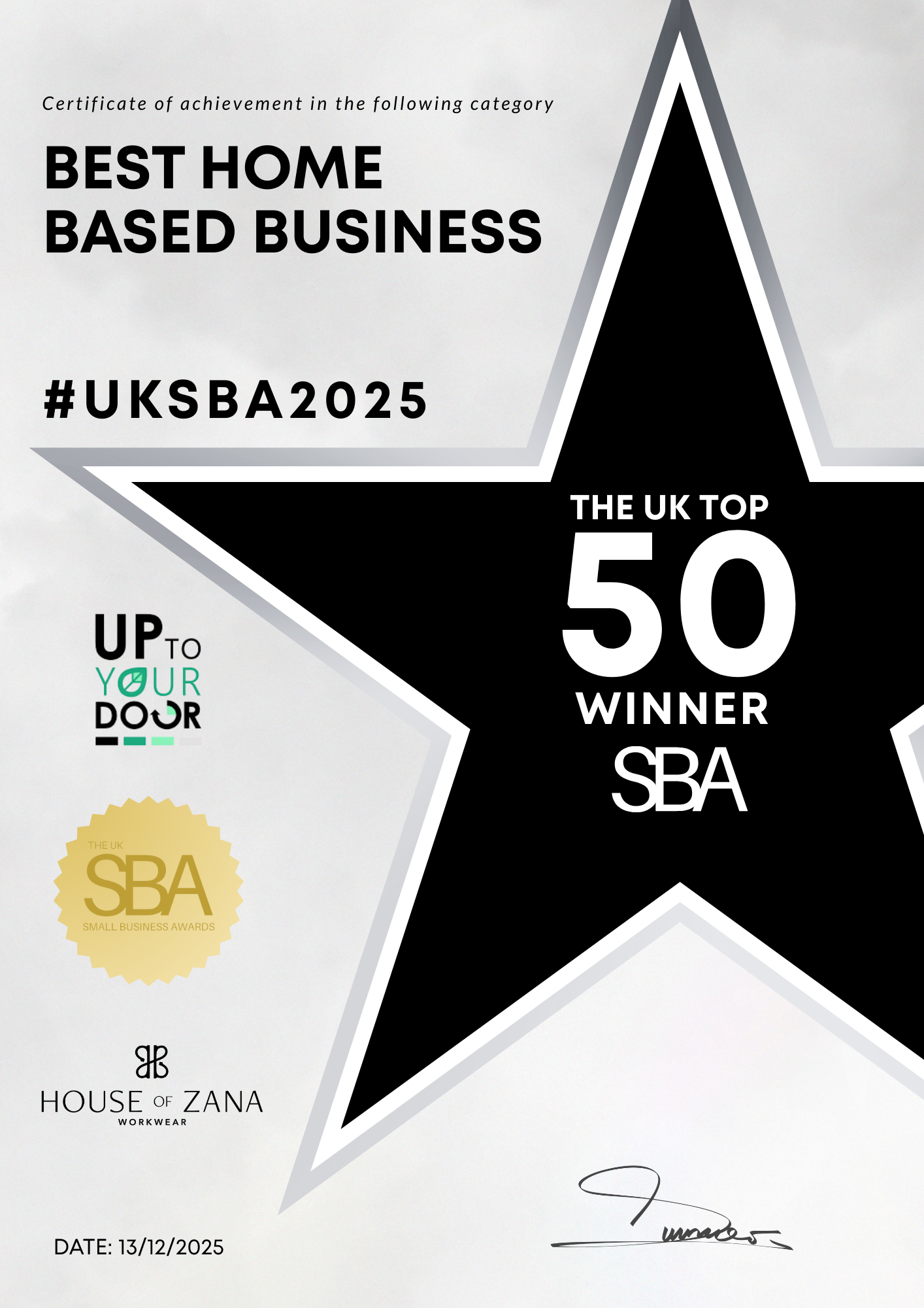 UK Small Business Awards certificate: UK Top 50 Winner - Best Home Based Business 2025